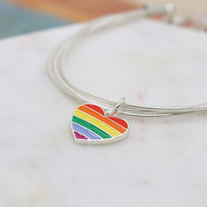 Peace of Mind Fine Silver Plated Triple Snake Chain Bracelet with a Heart Shaped Charm Decorated with Rainbow Enamel Stripes
