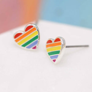 Peace of Mind Fine Silver Plated Rainbow Heart Stud Earrings with Vibrant Enamel Stripes