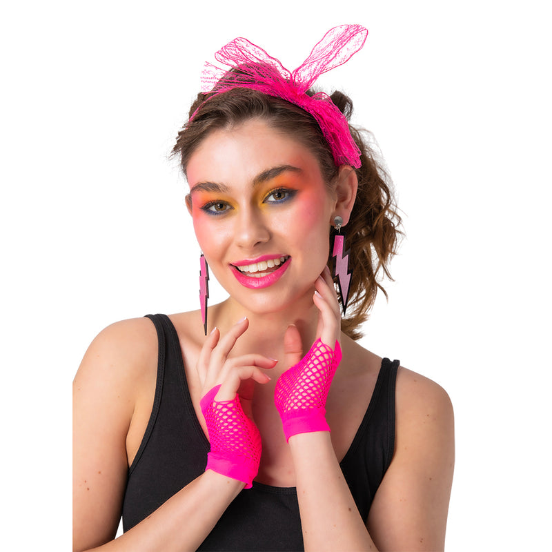 Neon Pink 80's Party Dress Up Accessory Set, Headband, Earrings & Gloves