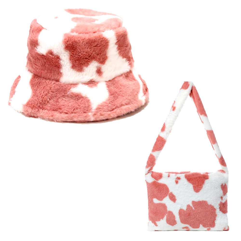 Soft Faux Fur Fluffy Cow Print Pink Bucket Hat & Shoulder Bag Bundle - 10% OFF