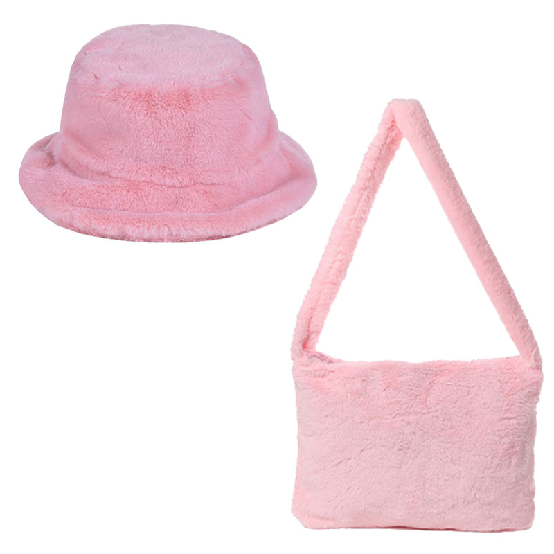Soft Faux Fur Fluffy Pink Bucket Hat & Shoulder Bag Bundle - 10% OFF