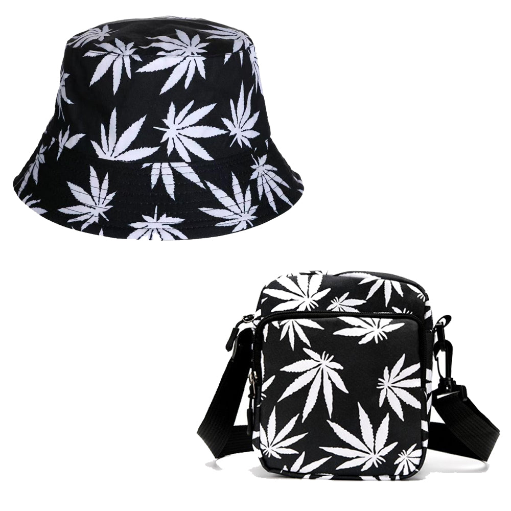 Adults Unisex Black & White Ganja Print Bucket Sun Hat & Messenger Bag Bundle - 10% OFF