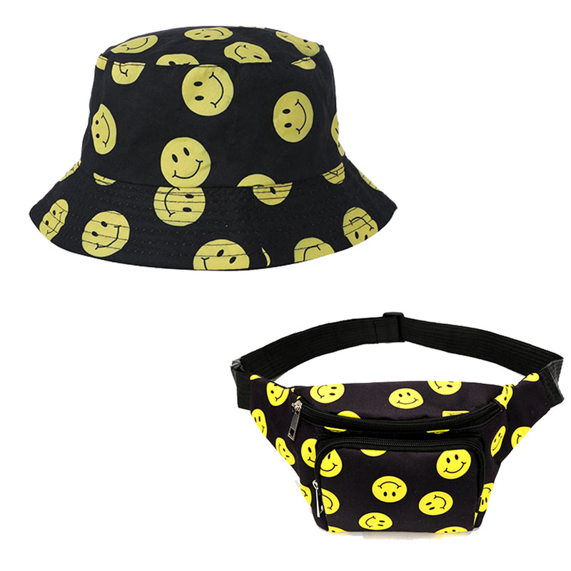 Adults Unisex Black & Yellow Smiley Print Bucket Sun Hat & Bum Bag Bundle - 10% OFF