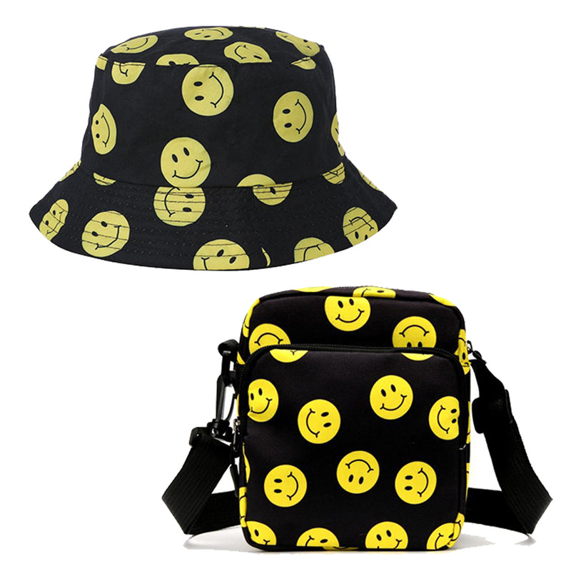 Adults Unisex Black & Yellow Smiley Print Bucket Sun Hat & Messenger Bag Bundle - 10% OFF