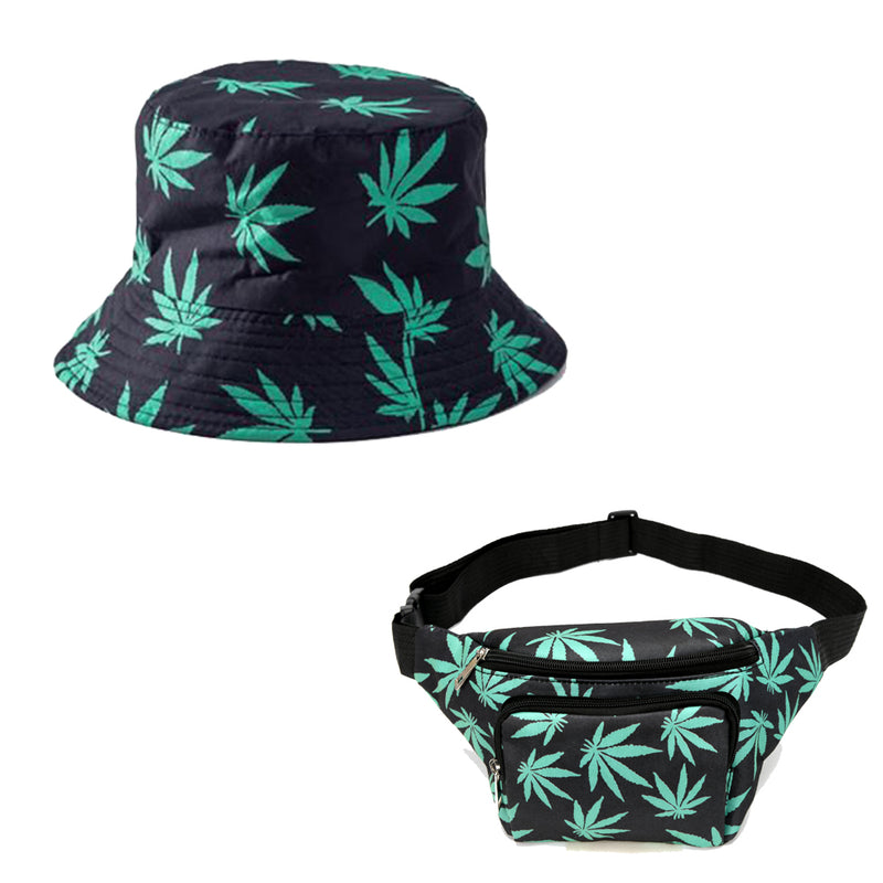 Adults Unisex Black & Green Ganja Print Bucket Sun Hat & Bum Bag Bundle - 10% OFF