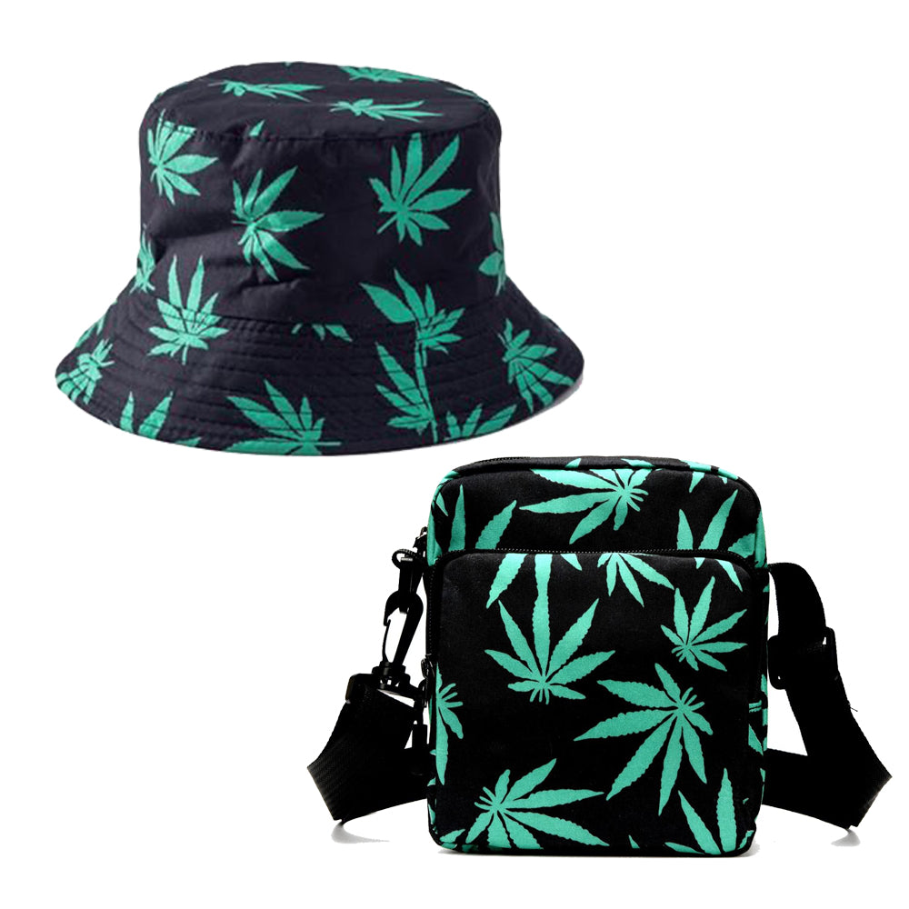 Adults Unisex Black & Green Ganja Print Bucket Sun Hat & Messenger Bag Bundle - 10% OFF