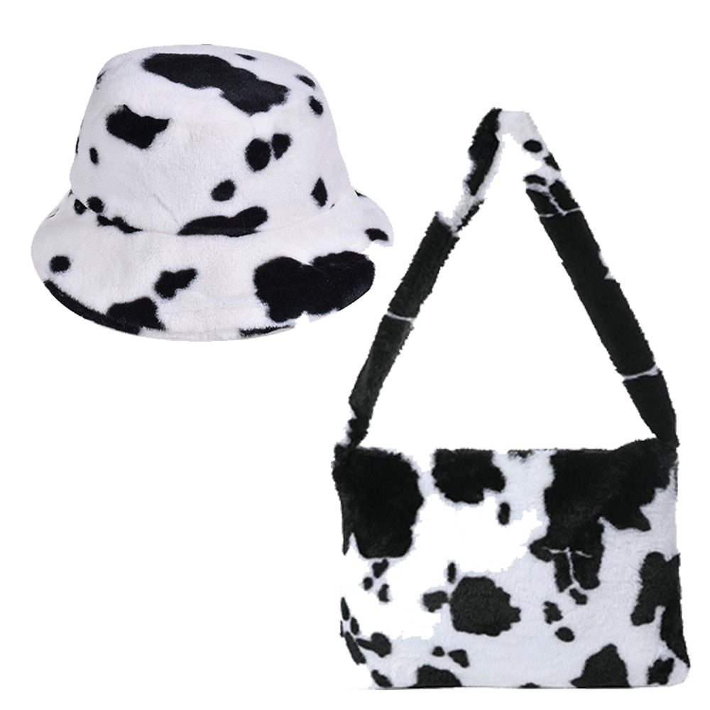 Soft Faux Fur Fluffy Cow Print Black Bucket Hat & Shoulder Bag Bundle - 10% OFF