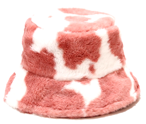Soft Faux Fur Fluffy Pink & White Cow Print Bucket Hat