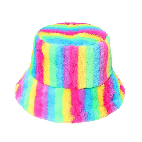 Soft Faux Fur Fluffy Rainbow Bucket Hat