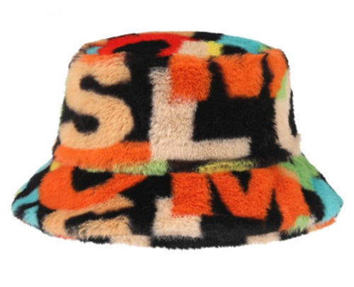 Soft Faux Fur Fluffy Alphabet Print Bucket Hat