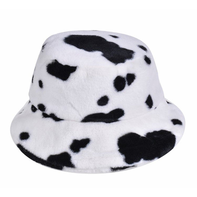 Soft Faux Fur Fluffy Black & White Cow Print Bucket Hat