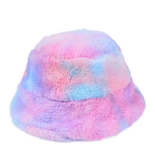 Soft Faux Fur Fluffy Rainbow Print Bucket Hat