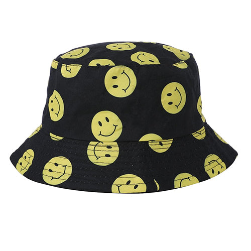 Adults Unisex Black & Yellow Smiley Print Bucket Sun Hat