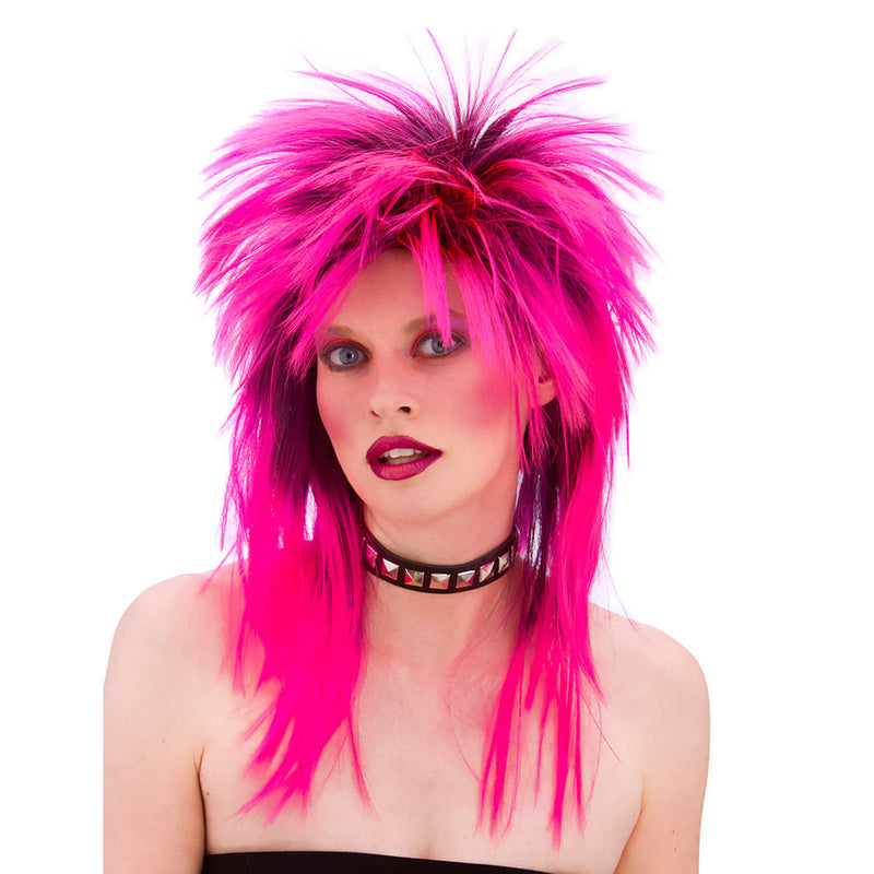 80's Glam Rock Spikey Neon Pink Fancy Dress Wig