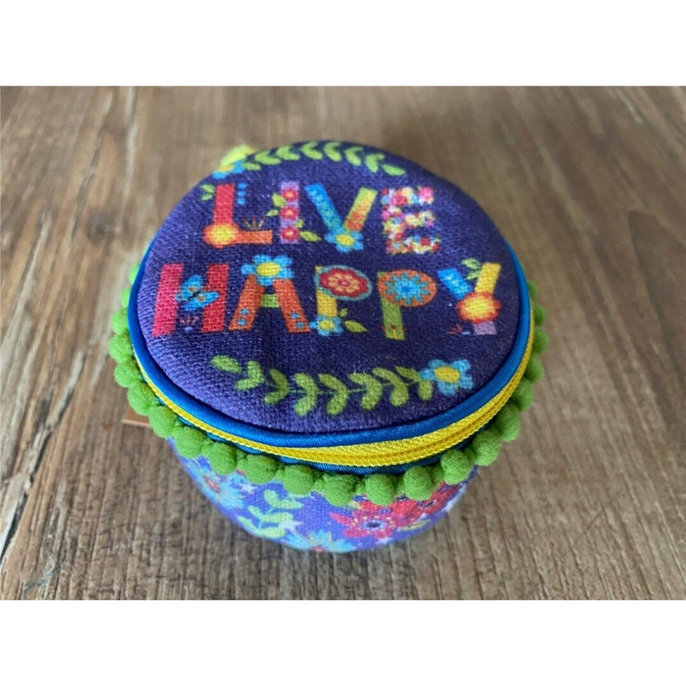 Natural Life Embroidered Travel Jewellery Round Case - Live Happy