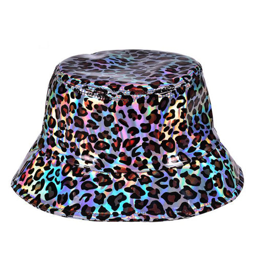 Festival Holographic Metallic Shiny Leopard Print Bucket Sun Hat