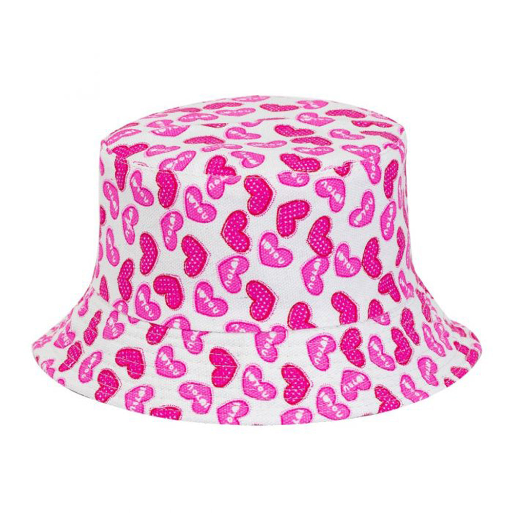 Kids Pink Hearts Print Cotton Bucket Sun Hat