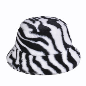 Soft Faux Fur Fluffy Black & White Tiger Print Bucket Hat