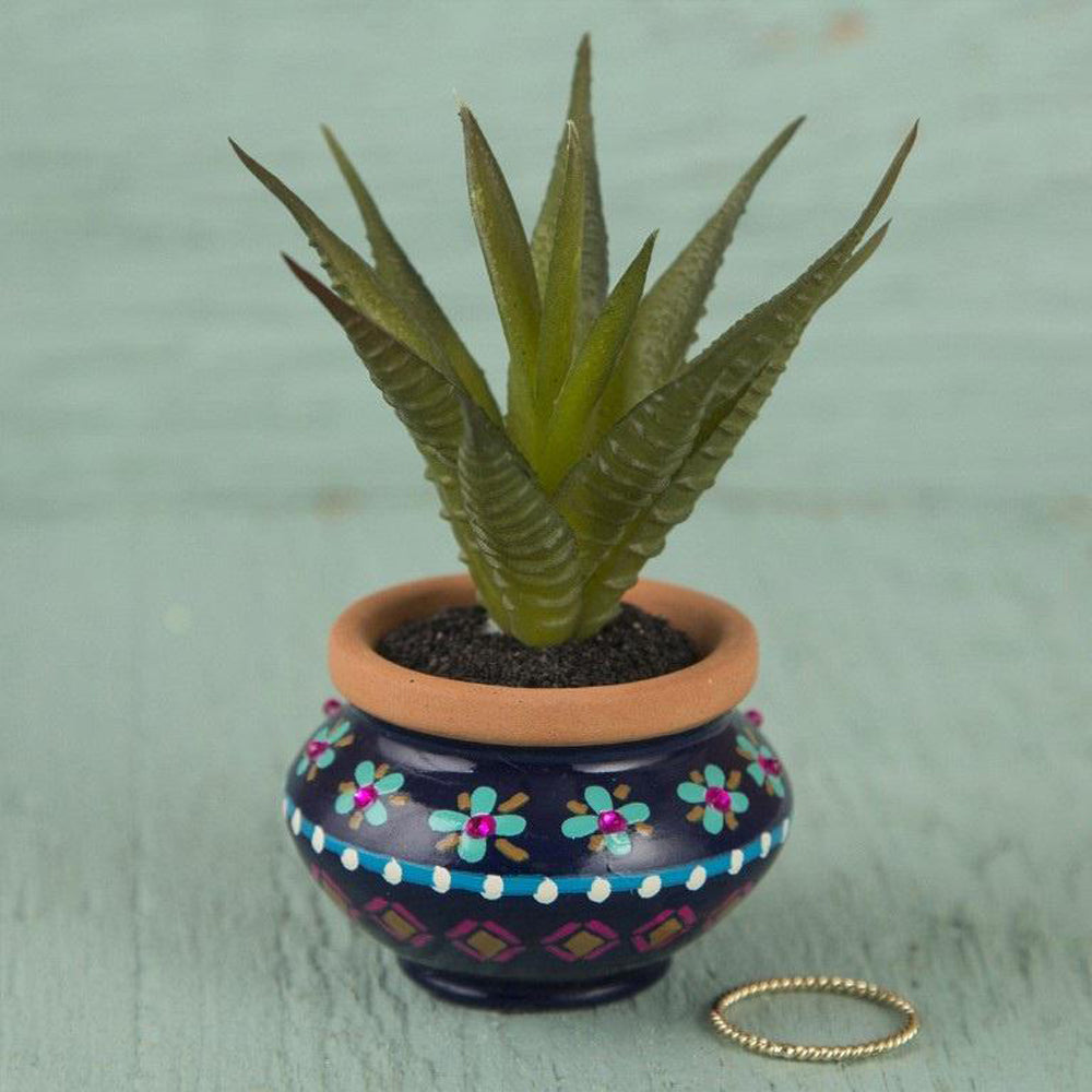 Natural Life  Succulent In A Navy and Pink Vase