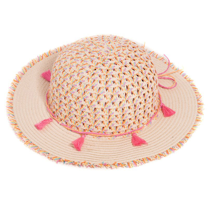 Girls Straw Wide Brim Summer Fashion Hat with Tassel Band