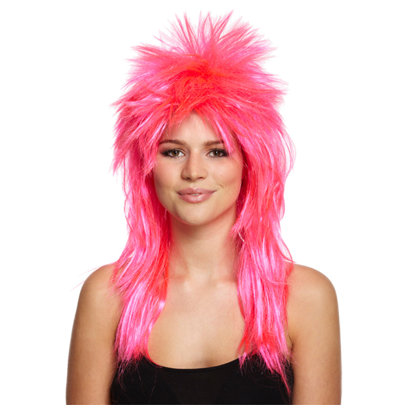 80's Glam Rock Neon Pink Fancy Dress Wig