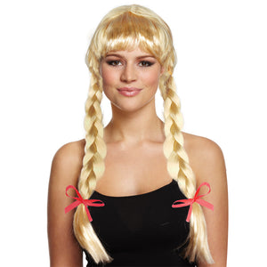 Long Golden Blonde Wig With Plaits & Red Bows