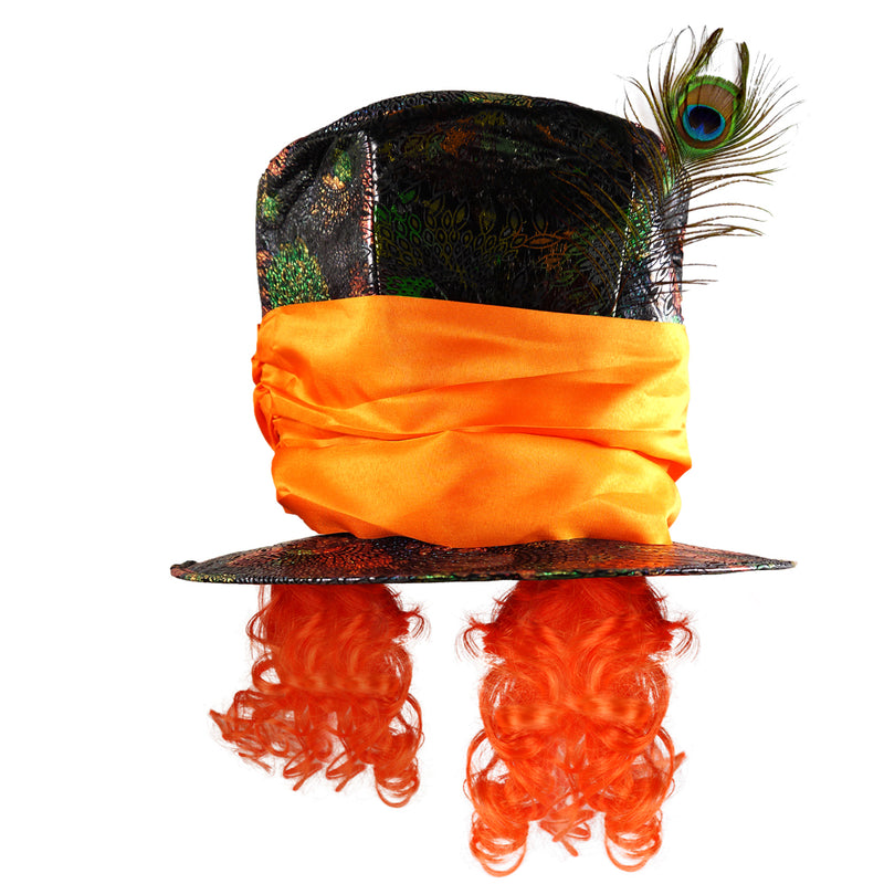 Mad Hatter Hat with Orange Hair and a Feather