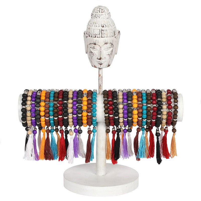 Festival Outlet: Wooden Mala bead jewellery bracelet featuring a metal buddha charm