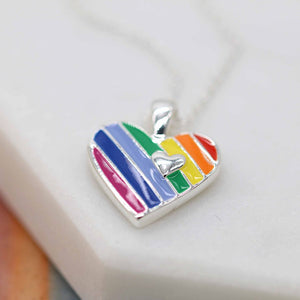 Peace of Mind Fine Silver Plated Rainbow Necklace with Vibrant Enamel Stripes and A Single Silver Heart Inside