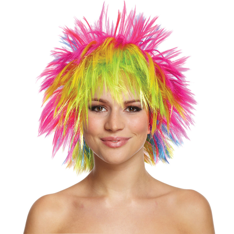 80's Rainbow Punk Multi Coloured Neon Fancy Dress Wig
