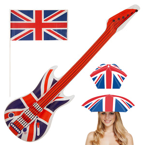 Union Jack Party Pack for Queens Platinum Jubilee. Union Jack Flag, Guitar & Umbrella Hat